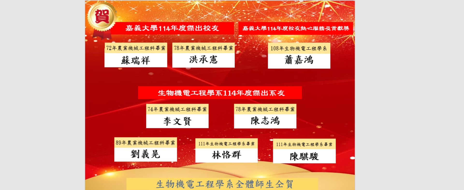 賀!本系系友榮獲114年度傑出校友&傑出系友