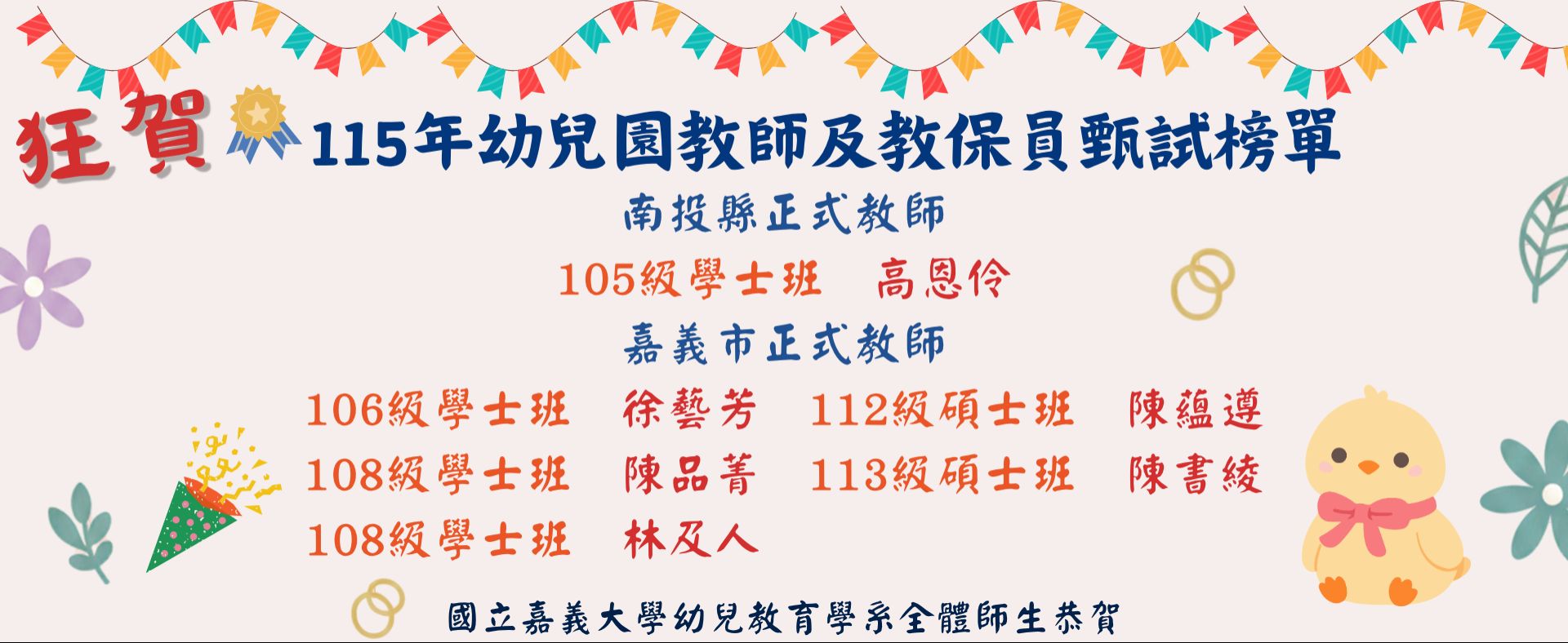 115年幼兒園教師及教保員甄試榜單