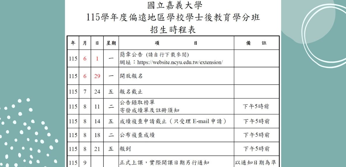 國立嘉義大學 115學年度偏遠地區學校學士後教育學分班 