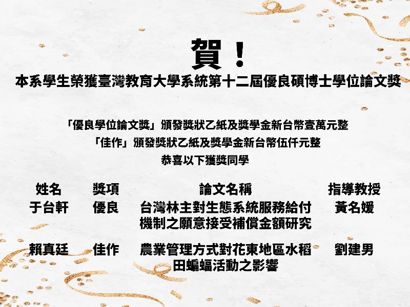 賀！本系碩士畢業生于台軒、賴真廷獲「臺灣教育大學系統第十二屆博碩士優良學位論文獎」文理類優良獎與佳作