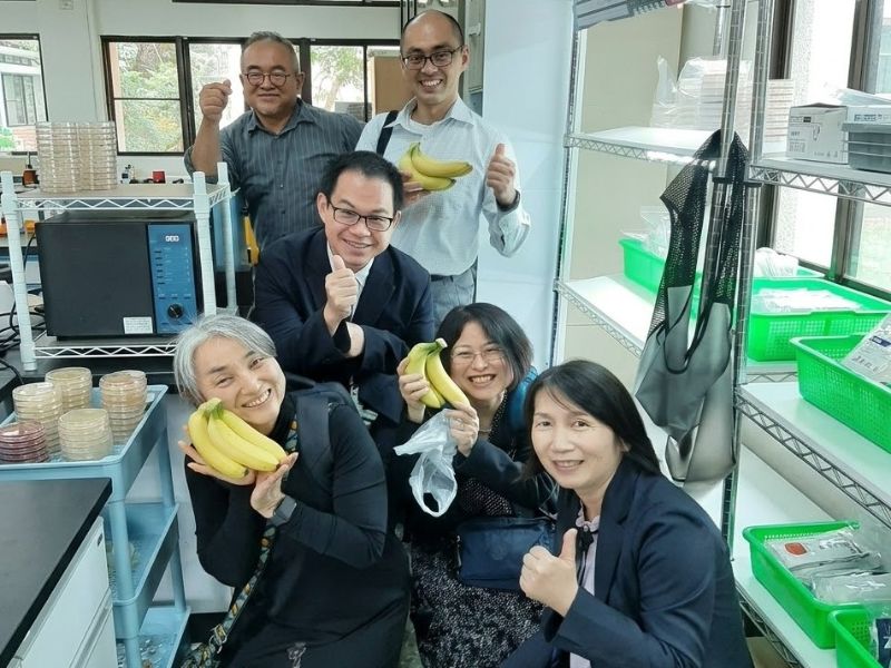 訪團在國際處楊正誠國際長及郭玉敏組長陪同下，參觀植醫系陳以錚助理教授實驗室並交流香蕉研究成果。